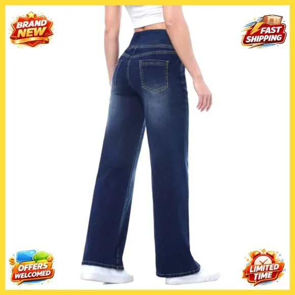 High Waisted Wide Leg Jeans, Stretchy Tummy Control, Pull On Straight Leg Denim